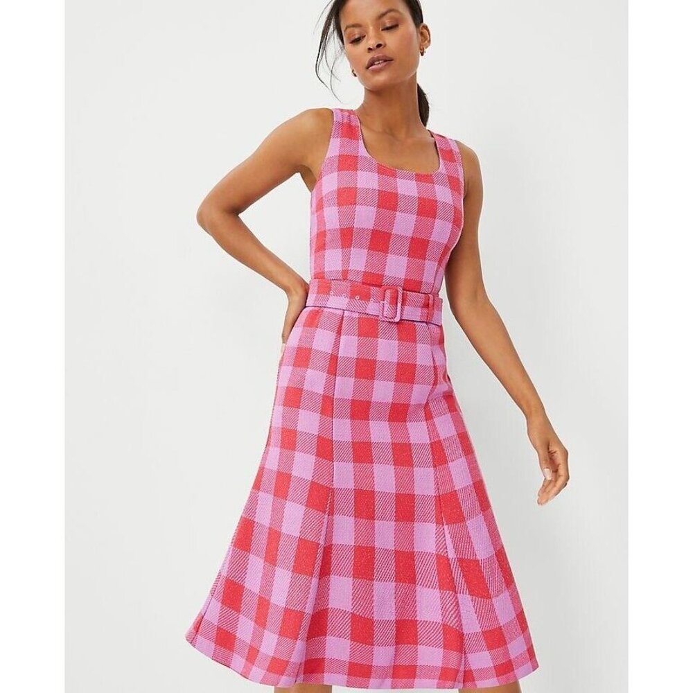 Ann Taylor Womens Midi Dress 14 Plaid Belted Pink Lila Scoop Neck Sleeveless